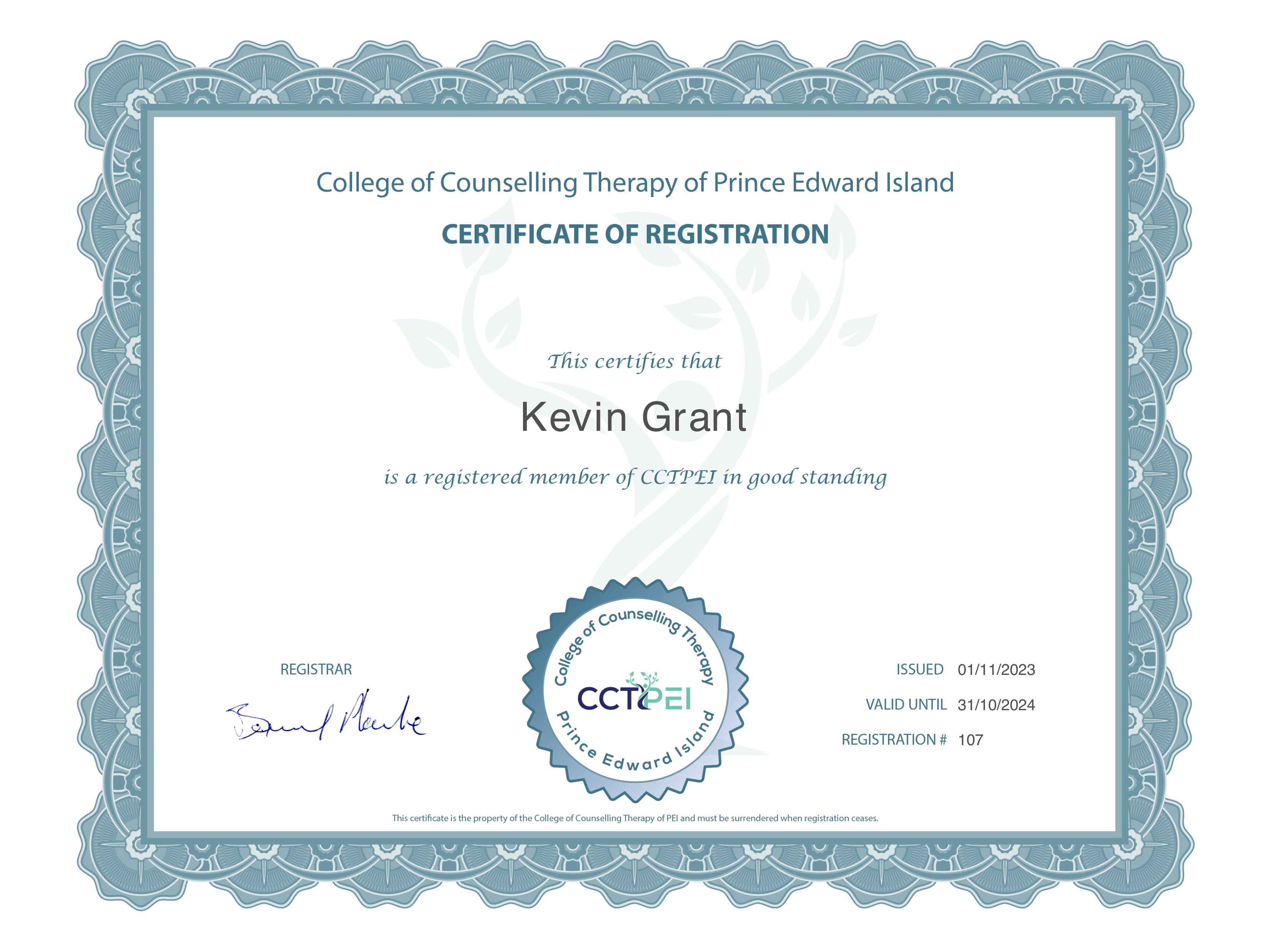 College of Counselling Therapy of Prince Edward Island - Certificate of Registration