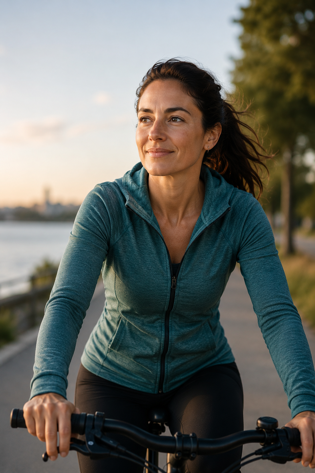 Woman Biking By Lake Onatrio Bike Path