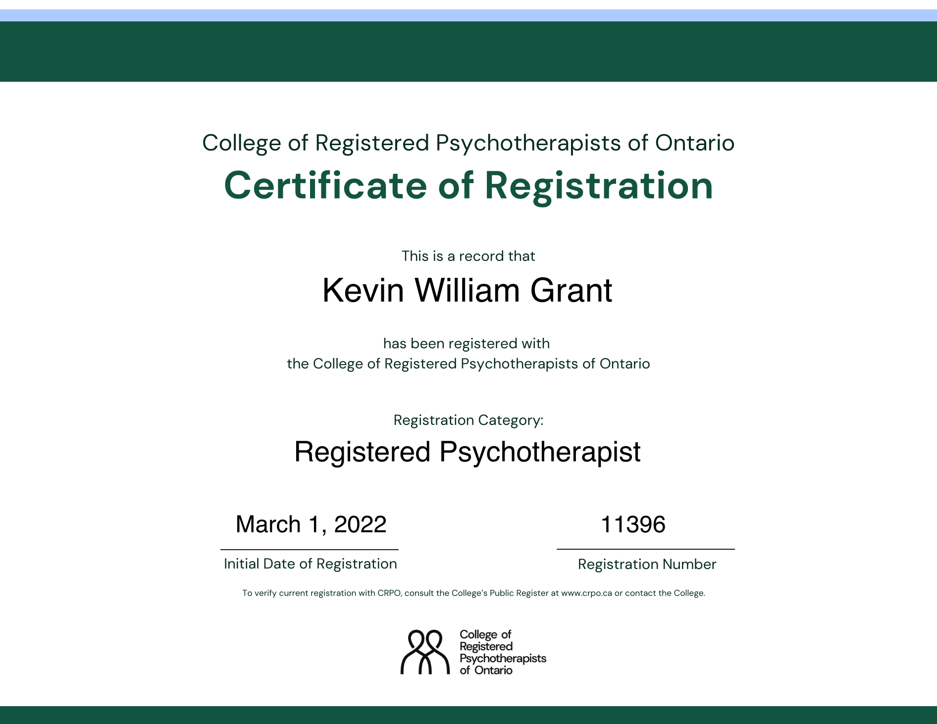 Registered Psychotherapist- College of Registered Psychotherapists of Ontario