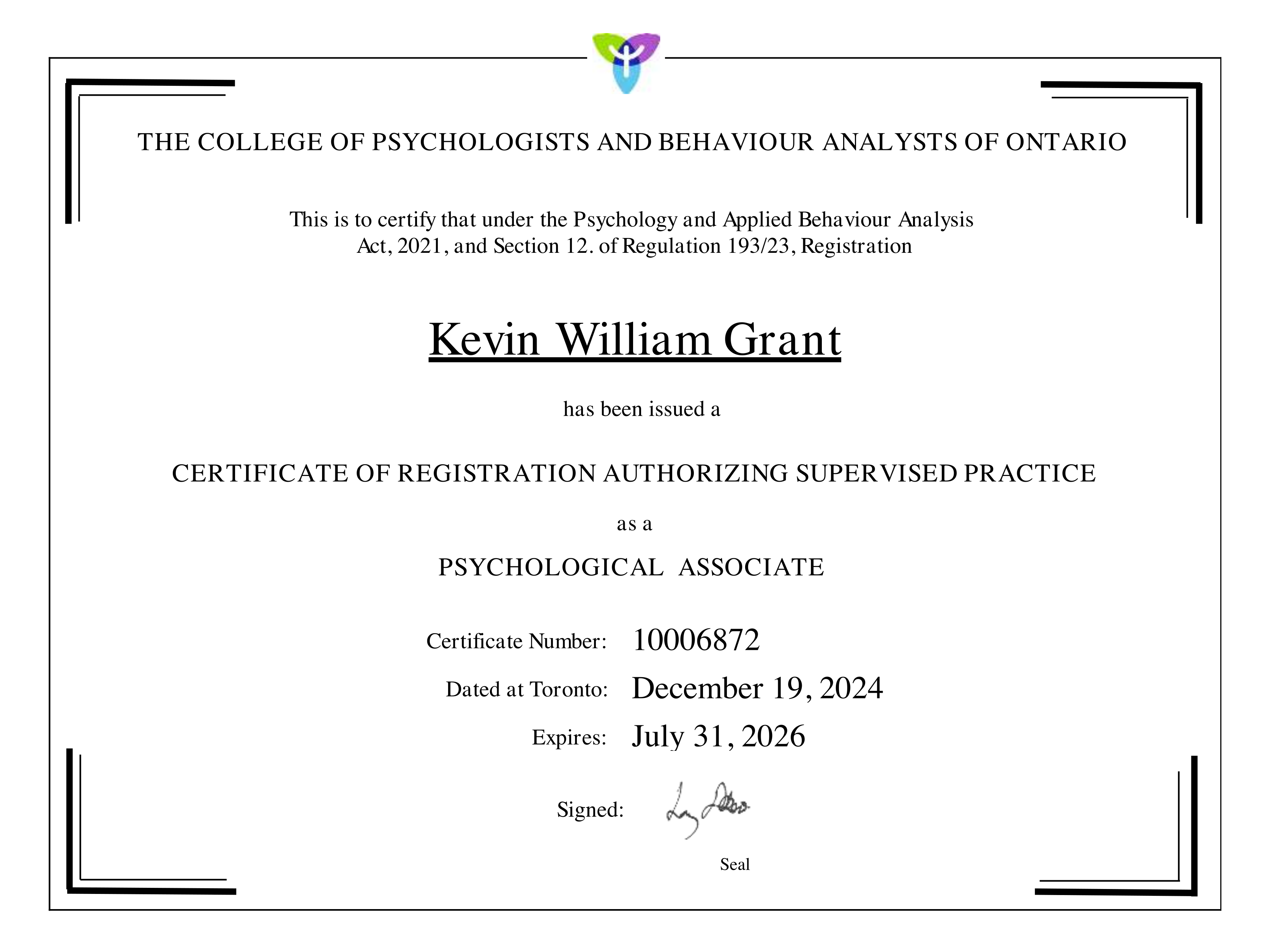 Certificate of Registration- College of Psychologists and Behaviour Analysts of Ontario